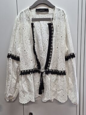 Zara white eyelet lace blouse with black trim